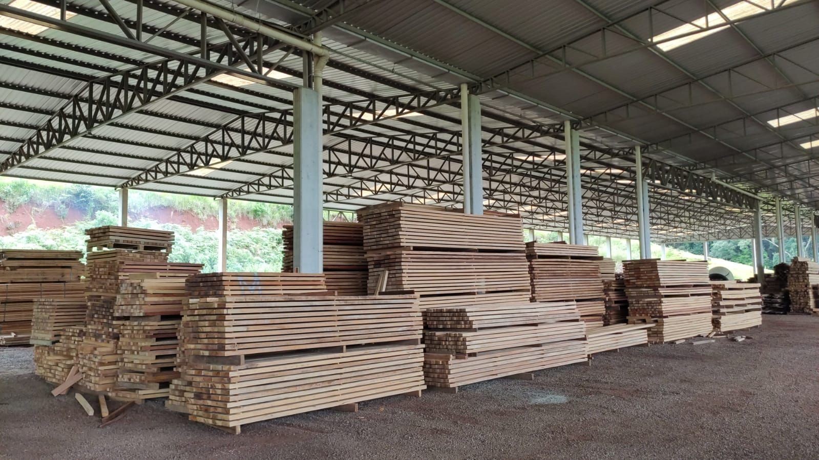 Stacks of neatly piled lumber under a large open-sided roof structure.